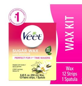 Veet Hair Removal Sugar Wax Kit with Essential Oil, Body Hair Remover For Women, 12 CT Wax Strips, 8.45 FL OZ