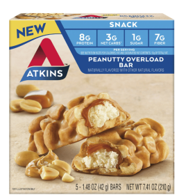 Atkins Peanutty Overload Snack Bar, 8g of Protein, Rich in Fiber, 5 Count