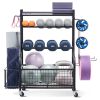 Yoga Mat Storage Rack, Powder Coated Finish Steel Yoga Mat Holder, Home Gym Workout Equipment Organizer with Hooks & Wheels
