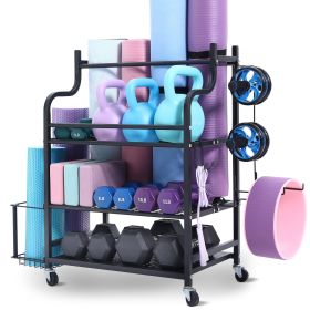 Yoga Mat Storage Rack, Home Gym Workout Equipment Organizer, Powder Coated Finish Steel Yoga Mat Holder with Hooks & Wheels, Weight Rack for Dumbbell