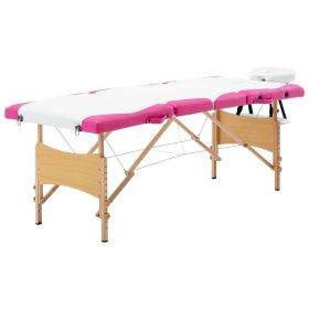 4-Zone Foldable Massage Table – Wood Frame (White & Pink)