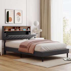 Full size Upholstered Platform Bed with Storage Headboard and USB Port, Linen Fabric Upholstered Bed