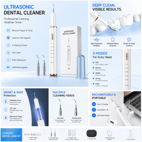Ultrasonic Dental Cleaner – Electric Plaque & Tartar Remover with LED Light, 5 Modes, USB Rechargeable Teeth Cleaning Kit (Color: White)