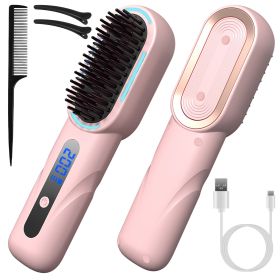 Cordless Hair Straightener Brush - Rechargeable Mini Styling Comb w/ 4 Heating Levels (Color: PINK)