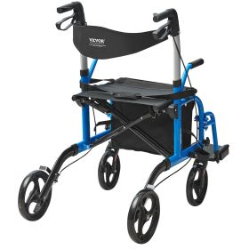 VEVOR 2 in 1 Rollator Walker & Transport Chair for Seniors, Folding Rolling Walker Wheelchair Combo & Footrests, Lightweight Aluminum Mobility Walker (Color: Blue)