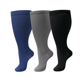3 pairs Plus-Size Nylon Compression Stockings (Black grey blue: 2XL)